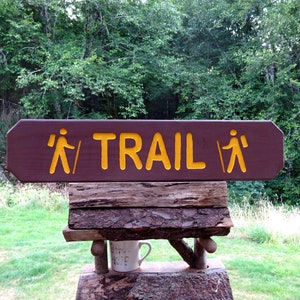 TRAIL with hiker or backpacker, path trail road home cabin lodge campground sign. Hand carved routed reflective lettering and symbols 848~+