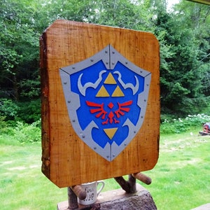 Legend of Zelda HYLIAN SHIELD, fantasy adventure game sign. Hand carved routed painted 3D Triforce emblem with raised steel rivets sos494 image 2