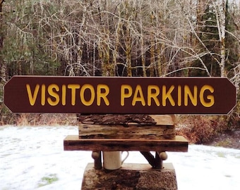 National Park style VISITOR PARKING sign. Hand carved routed painted for parking area road street cabin camp. Reflective lettering mn046F
