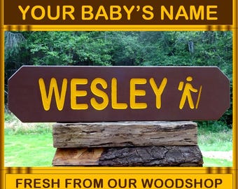 Hand Carved BABY NAME SIGN with hiker - Customizable National Park Style Decor mc54A