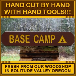 Hand Carved Base Camp Sign with Tent Symbol - National Park Style Camping Marker MN30Bc