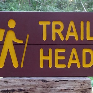 TRAIL HEAD with HIKER National Park style path trail cabin campground sign. Hand carved routed light reflective lettering and hiker MAN002M+
