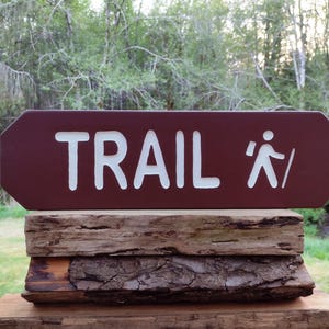 NATIONAL PARK style TRAIL sign with hiker going left, hand carved routed painted for cabin campground. Reflective letters and hiker MA002E+