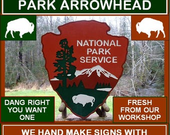National Park Service iconic ARROWHEAD ON BUFFALO sign. For home cabin lodge campground. Carved routed painted lettering & graphics MN201Lx