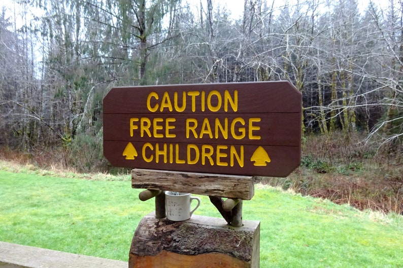 Caution FREE RANGE CHILDREN sign Park style trail road cabin lodge camp campground sign Hand carved routed reflective lettering 946sos