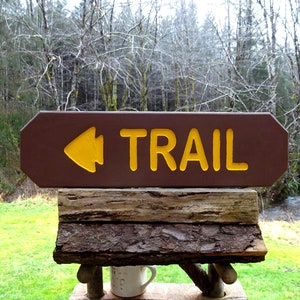 TRAIL with directional arrowhead sign, National Park path trail home campground sign. Hand carved routed reflective letters & arrow ma002C+