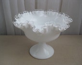 Vintage Fenton Silver Crest White Milk Glass Ruffled Compote Dish
