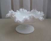 Vintage Mid Century Silver Crest White Milk Glass Ruffled Footed Compote Bowl Fenton
