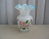 Vintage Mid Century Blue Silver Crest Floral Spiral White Glass Vase Fenton