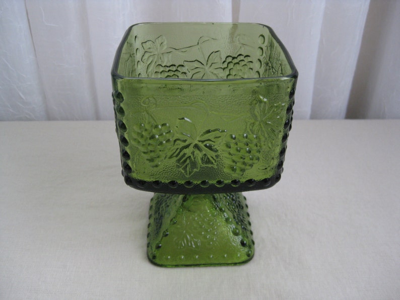 Vintage 1960's Grape Vine Green Glass Pedestal Bowl Anchor Etsy