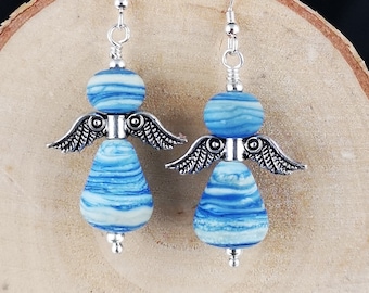 Earrings angel handmade glass bead earrings lampwork jewellery glass guardian angel earrings blue glass earrings