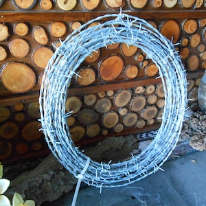 May include: A coil of barbed wire, wrapped in a circle, against a background of wooden logs. The wire is silver in color and has sharp points.