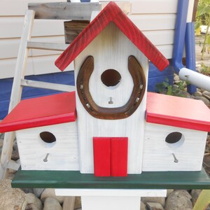Barn Birdhouse Condo. with Horseshoe. White and Red