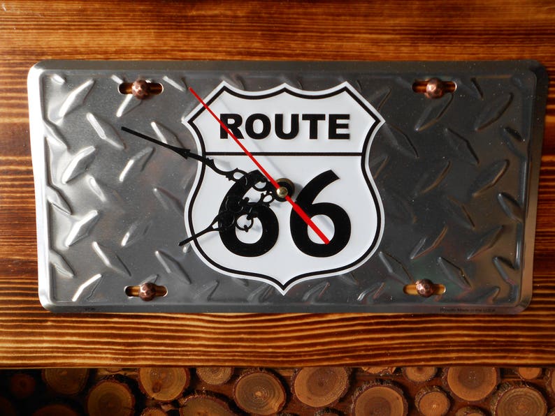 Gift. Unique ManCave Handmade Route 66 Sign License Plate Wall Clock