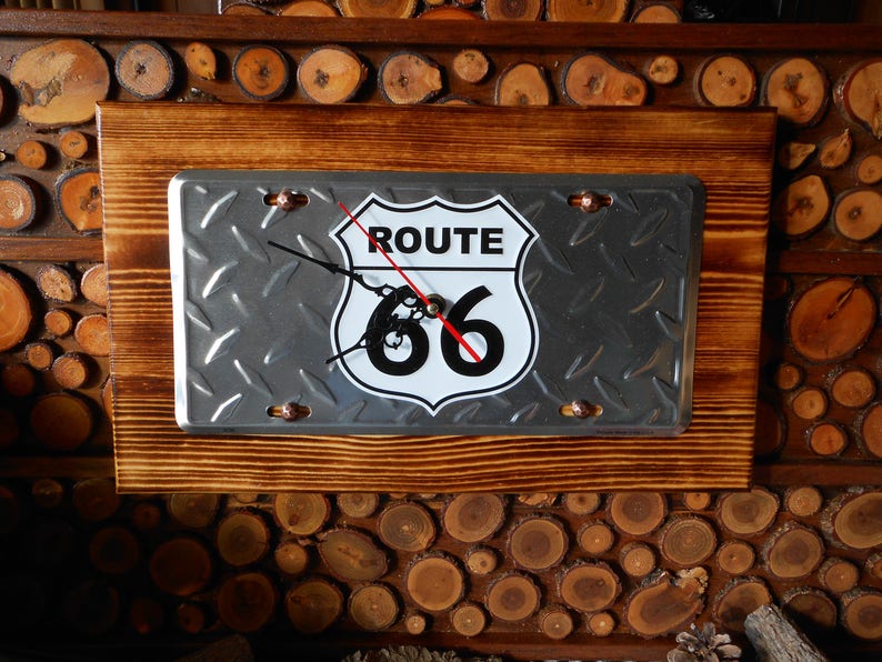 Gift. Unique ManCave Handmade Route 66 Sign License Plate Wall Clock