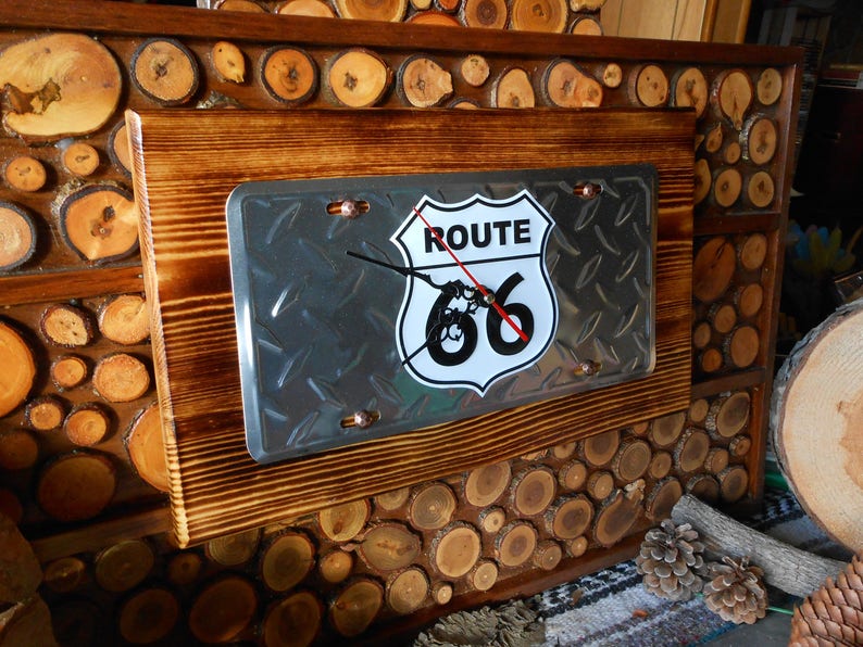 Gift. Unique ManCave Handmade Route 66 Sign License Plate Wall Clock
