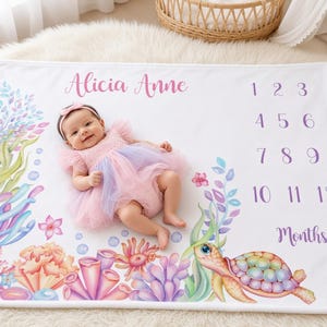 Personalized Turtle Under The Sea Baby Girl Milestone Blanket | Monthly Growth Tracker | Custom Name Blanket | Photo Prop | Baby Shower Gift