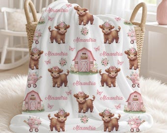 Personalized Highland Cow Baby Girl Blanket, Custom Name Blanket, Swaddle Set, Minky Fleece Sherpa, Baby Shower Gift, Farm Baby Nursery