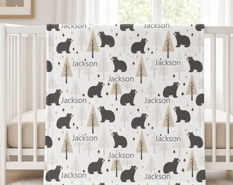 Personalized Bear Baby Boy Blanket, Custom Name Blanket, Swaddle Set, Minky Fleece Sherpa, Baby Shower Gift, Woodland Forest Nursery Decor
