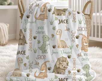 Personalized Dinosaur Baby Boy Blanket | Custom Name Crib Blanket | Swaddle Set | Minky Fleece Sherpa | Baby Shower Gift | Nursery Decor