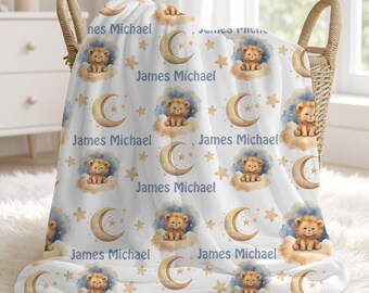 Personalized Lion Baby Boy Blanket, Custom Name Blanket, Swaddle Set, Minky, Fleece, Sherpa, Shower Gift, Nursery Decor