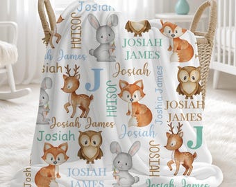 Personalized Woodland Animals Baby Boy Blanket | Custom Name Crib Blanket | Swaddle Set | Minky Fleece Sherpa | Baby Shower Gift