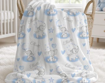 Personalized Elephant Baby Boy Blanket | Custom Name Blanket | Swaddle Set | Minky Fleece Sherpa | Shower Gift | Elephant Nursery Decor