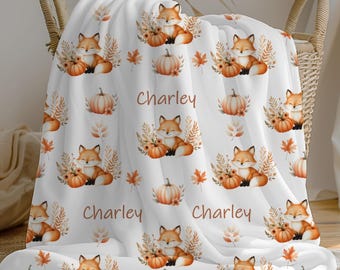 Personalized Baby Boy Blanket, Fox Fall Custom Name Crib Blanket, Swaddle Set, Minky Fleece Sherpa, Baby Shower Gift, Autumn Nursery Decor