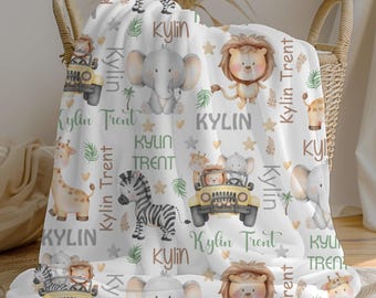 Personalized Safari Animal Jeep Baby Boy Blanket | Custom Name Crib Blanket | Swaddle Set | Minky Fleece Sherpa | Baby Gift | Nursery Decor