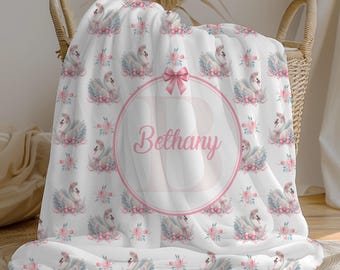 Swan Personalized Baby Girl Blanket, Swaddle Set, Custom Name Crib Blanket, Baby Shower Gift, Minky Fleece Sherpa, Nursery Decor