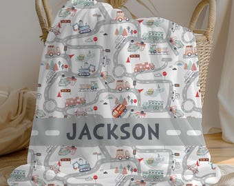 Personalized Cars Baby Boy Blanket, Road Map Name Blanket, Minky Fleece Sherpa, Custom Baby Gift, Vehicle Crib Blanket, Swaddle Set
