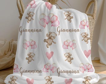 Personalized Teddy Bear Baby Girl Blanket | Custom Name Crib Blanket | Swaddle Set | Minky Fleece Sherpa | Baby Shower Gift | Nursery Decor