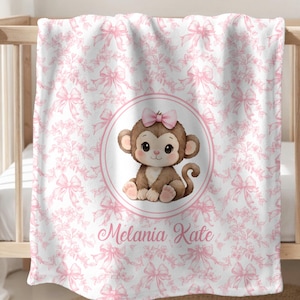 Personalized Monkey Baby Blanket, Pink Toile Custom Name Crib Blanket, Swaddle Set, Minky Fleece Sherpa, Shower Gift, Bows Nursery Decor