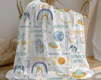 Personalized Space Baby Boy Blanket, Swaddle Set, Custom Name Crib Blanket, Minky Fleece Sherpa, Baby Shower Gift, Outerspace Nursery Decor