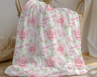 Pink Roses Baby Girl Blanket, Personalized Name Blanket, Swaddle Set, Minky Fleece Sherpa, Custom Baby Shower Gift, Floral Nursery Decor