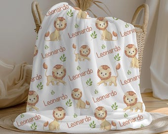 Personalized Lion Baby Boy Blanket | Custom Name Crib Blanket | Swaddle Set | Minky Fleece Sherpa | Baby Shower Gift | Safari Animal Decor