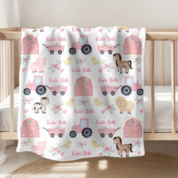 Farm Baby Girl Blanket Personalized Baby Blanket Girl Farm Animals Baby Blanket Custom Name Blanket Baby Shower Gift Fleece Minky