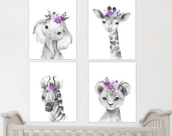 Safari Animals Baby Girl Nursery Wall Art Decor Purple Flowers Floral Elephant Giraffe Lion Zebra