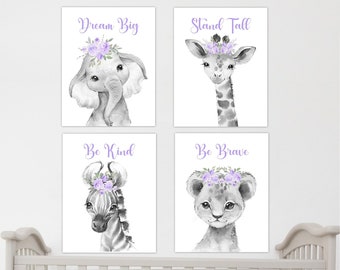 Safari Animals Baby Girl Nursery Wall Art Decor Purple Flowers Floral Elephant Giraffe Lion Zebra Floral Crown Animals