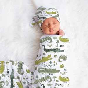 Personalized Alligator Baby Boy Blanket | Crocodile Custom Swaddle Blanket with Knot Hat or Beanie | Newborn Photo Prop | Baby Shower Gift
