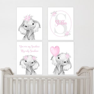 Watercolor Pink Elephants, Baby Girl Nursery Art, Elephant Wall Decor, Elephant With Balloons, Baby Elephant, Canvas Art, Baby Nursery Decor