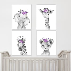 Safari Animals Baby Girl Nursery Wall Art Decor Purple Flowers Floral Elephant Giraffe Lion Zebra