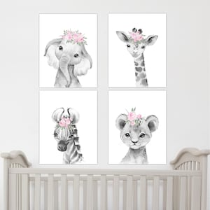 Safari Animals Baby Girl Nursery Wall Art Pink Floral Safari Animals Nursery Art Canvas Elephant Decor Giraffe Art Lion Prints Zebra Prints