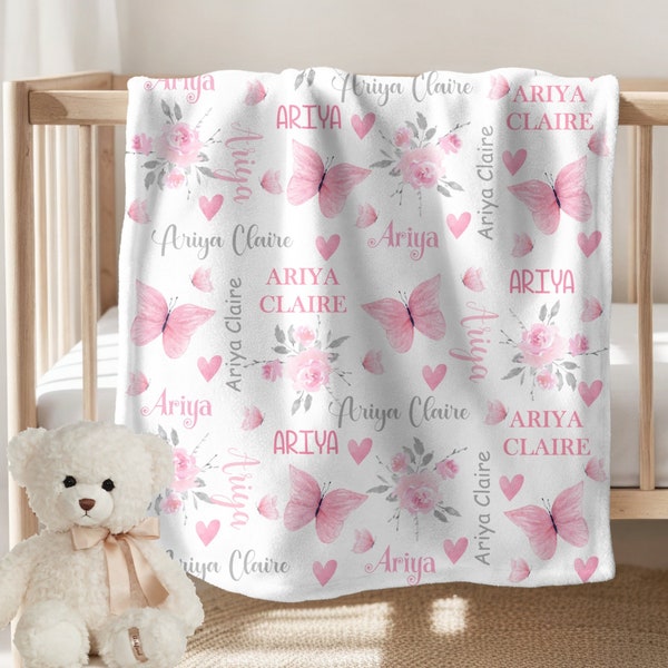 Pink Floral Butterfly Blanket Baby Girl Blanket Personalized Girl Blanket Flower Custom Blanket Personalize Girl Name Blanket Shower Gift