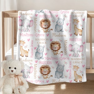 Baby Girl Baby Blanket Personalized Safari Animals Baby Girl Blanket Minky Fleece Sherpa Baby Blanket Baby Gift Custom Name Blanket