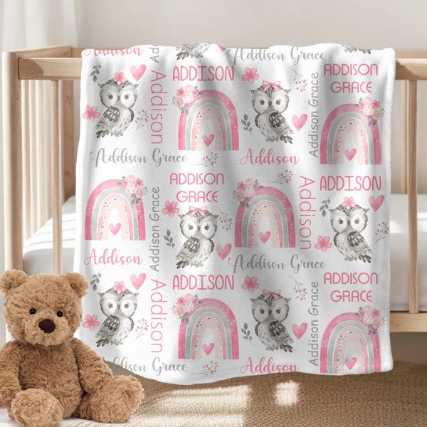 Personalized Baby Girl Blanket Pink Owl Rainbow Baby Blanket Baby Girl Blanket Personalized Name Blanket Floral Owl Baby Gift Minky Fleece
