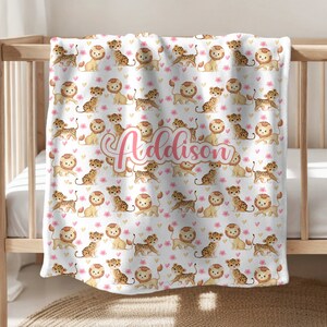 Lion Baby Girl Blanket Personalized Blanket Wild Cats Blanket Baby Swaddle Gift Custom Name Blanket Fleece Minky Sherpa Blanket