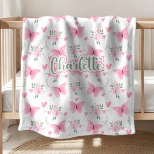 Butterfly Blanket Baby Girl Blanket Personalized Baby Blanket Swaddle Name Blanket Girl Flower Throw Sherpa Fleece Minky Shower Gift