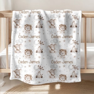 Safari Animals Baby Boy Blanket Personalized Baby Blanket Elephant Giraffe Lion Name Blanket Baby Shower Gift Minky Blanket Fleece Blanket