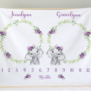 Personalized Elephant Twin Baby Girl Milestone Blanket, Monthly Growth Tracker, Custom Name Blanket,  Photo Prop, Baby Shower Gift